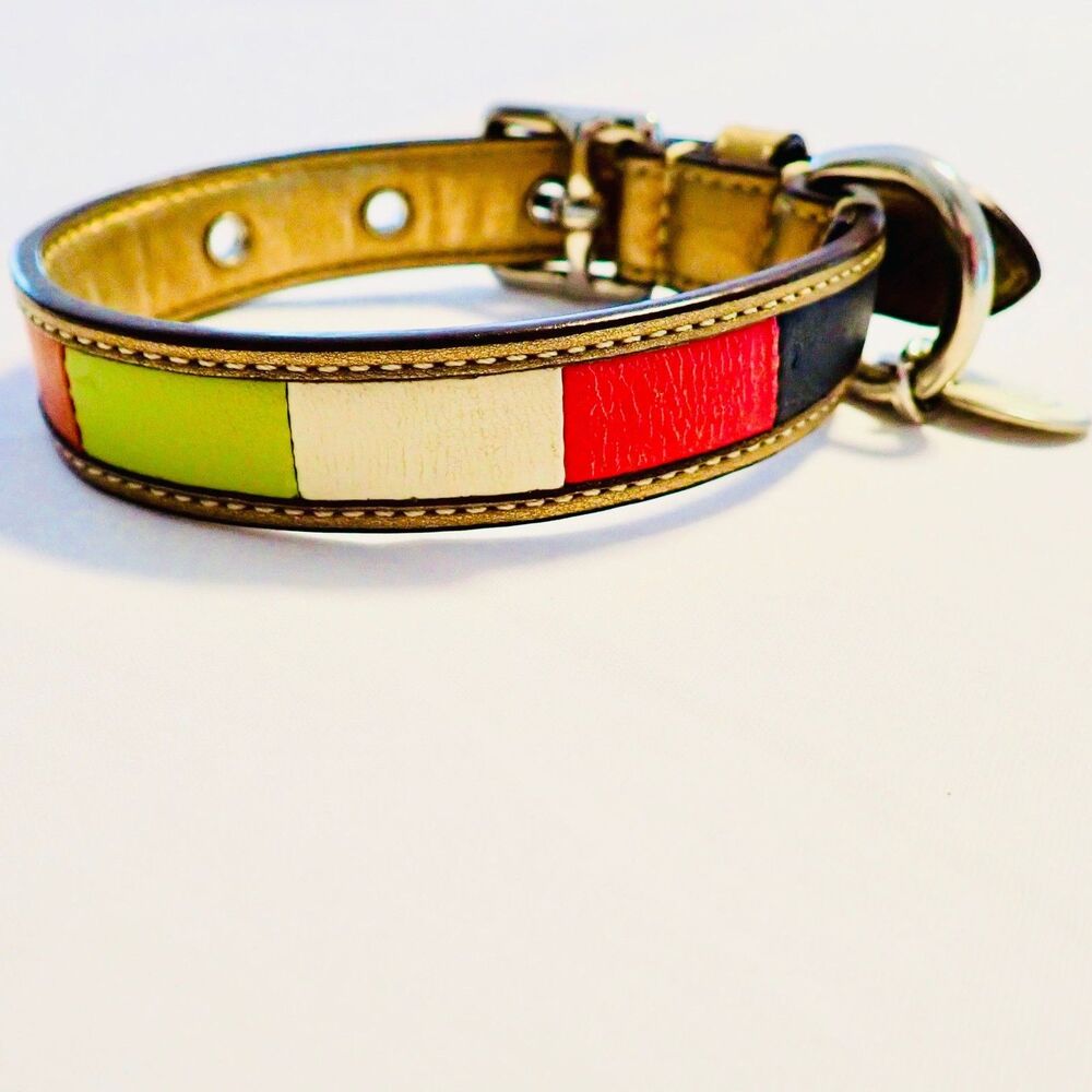 Coach Legacy Dog Collar Extra Small XS Leather Gold Trim Tag Charm Color Block